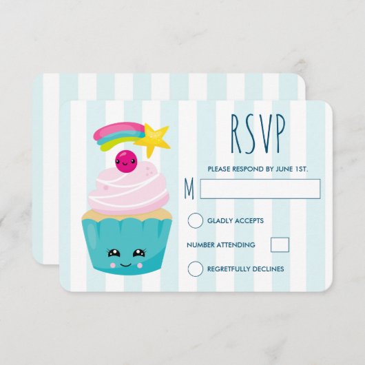 かわいいブルーカップケーキとかわいい顔誕生日 出欠カード (正面/裏面)