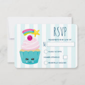 かわいいブルーカップケーキとかわいい顔誕生日 出欠カード (正面)