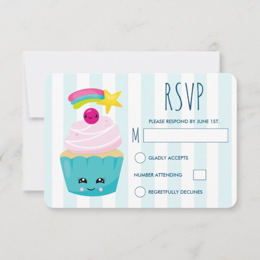 かわいいブルーカップケーキとかわいい顔誕生日 出欠カード (正面)