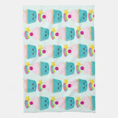 かわいいブルーカップケーキとかわいい顔 キッチンタオル (縦)