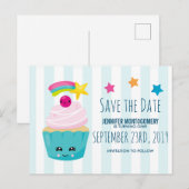 かわいいブルーカップケーキの誕生日おめでとうSave the Date ポストカード (正面/裏面)