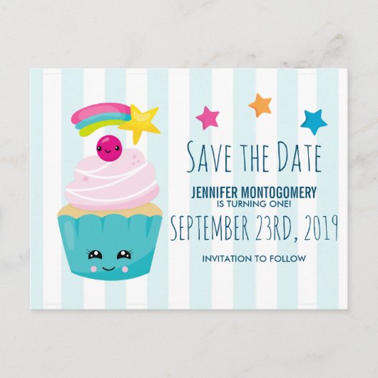かわいいブルーカップケーキの誕生日おめでとうSave the Date ポストカード (正面)