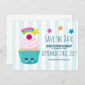 かわいいブルーカップケーキの誕生日Save the Date ポストカード (正面/裏面)