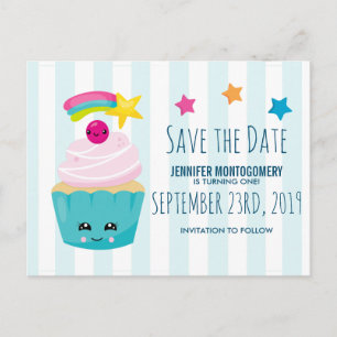 かわいいブルーカップケーキの誕生日Save the Date ポストカード