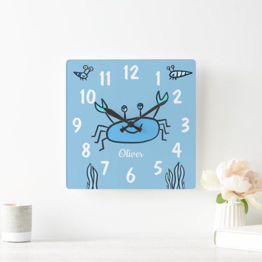 かわいいブルーカニの海の動物の男の子の名前 スクエア壁時計 (ホーム)