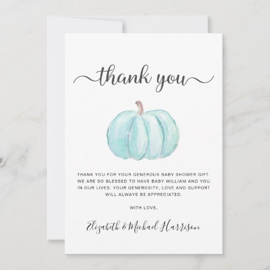 かわいいブルーカボチャ男の赤ちゃんシャワー サンキューカード (正面)