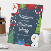 かわいいブルークリスマスパーティーサンタクロース&雪だるま 台座サイン (インサイチュ)