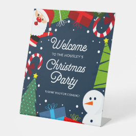 かわいいブルークリスマスパーティーサンタクロース&雪だるま 台座サイン