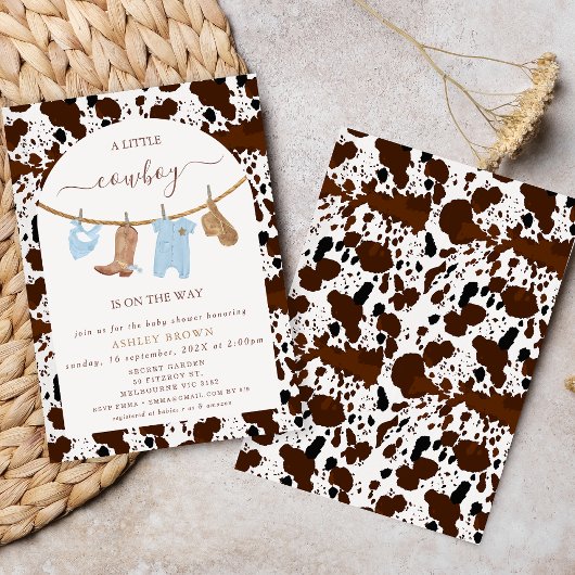 かわいいブルークロセラインカウオプリントカウボーイベビーシャワー 招待状