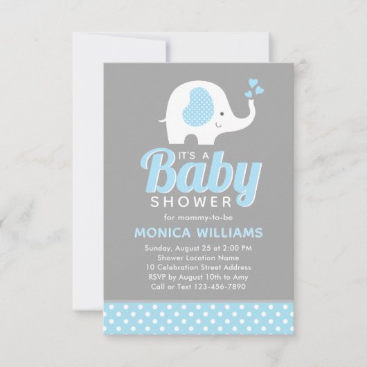 かわいいブルーグレーボーイベビーシャワー招待状ゾウ 招待状 (正面)