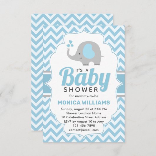 かわいいブルーグレー象の男の子の赤ちゃんシャワー 招待状 (正面/裏面)