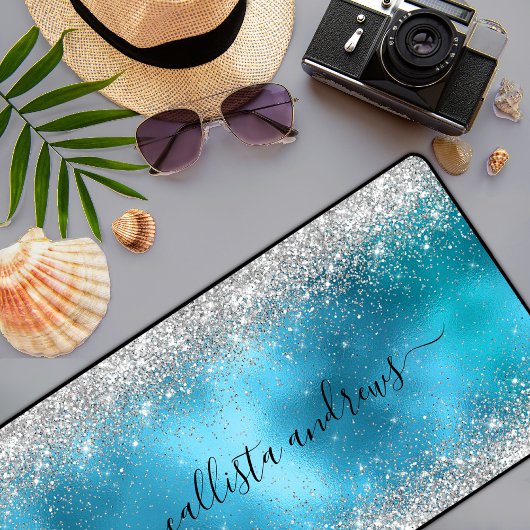 かわいいブルーシルバーフェイクグリッター デスクマット