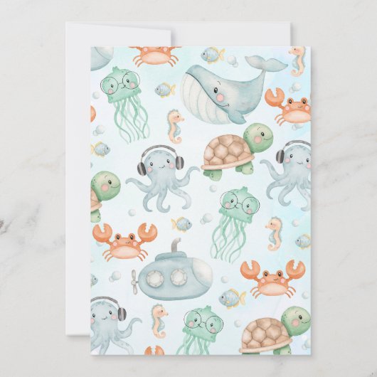 かわいいブルースキューバダイバーオンダーザ海の最初の誕生日 招待状 (裏面)