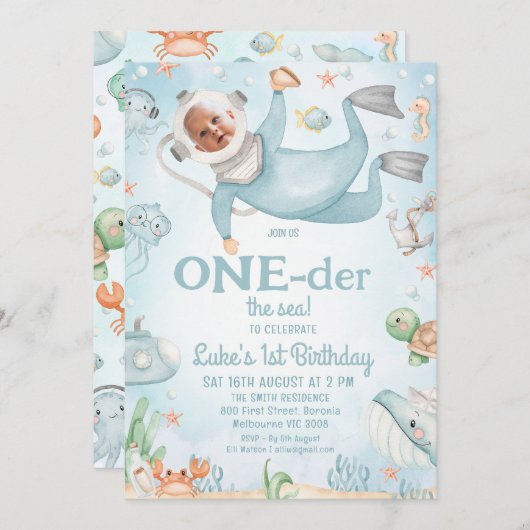 かわいいブルースキューバダイバーオンダーザ海の最初の誕生日 招待状 (正面/裏面)
