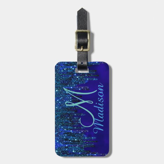 かわいいブルーターコイズユニコーングリッタードリップスモノグラム ラゲッジタグ (正面縦)