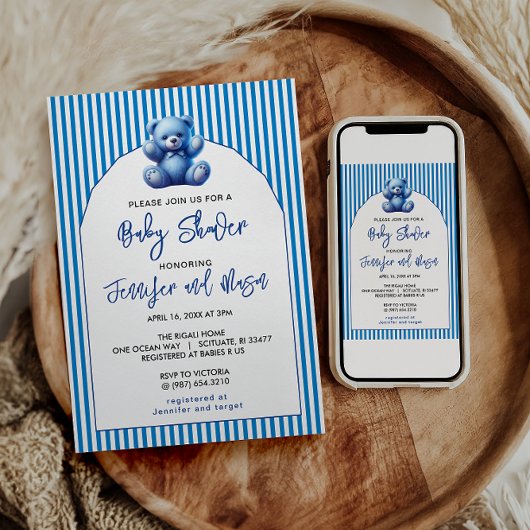 かわいいブルーテディベアヴィンテージ男の赤ちゃんシャワー 招待状