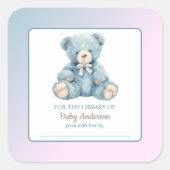 かわいいブルーテディベアーベビーシャワー蔵書票 スクエアシール (正面)