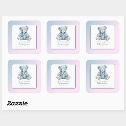 かわいいブルーテディベアーベビーシャワー蔵書票 スクエアシール (シート)