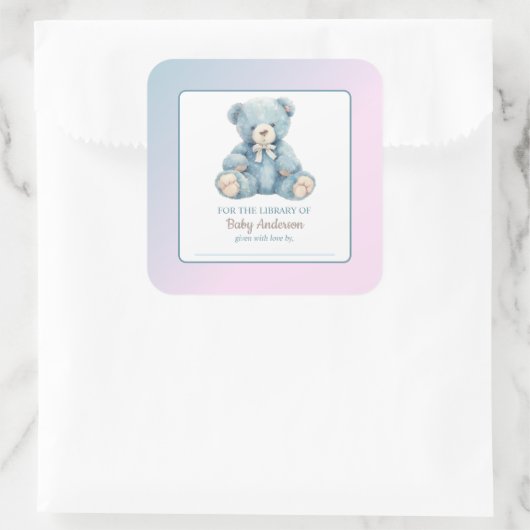 かわいいブルーテディベアーベビーシャワー蔵書票 スクエアシール (バッグ)