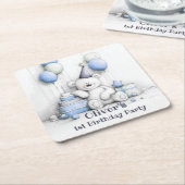 かわいいブルーテディベア1st誕生日パーティーコースター スクエアペーパーコースター (アングル)