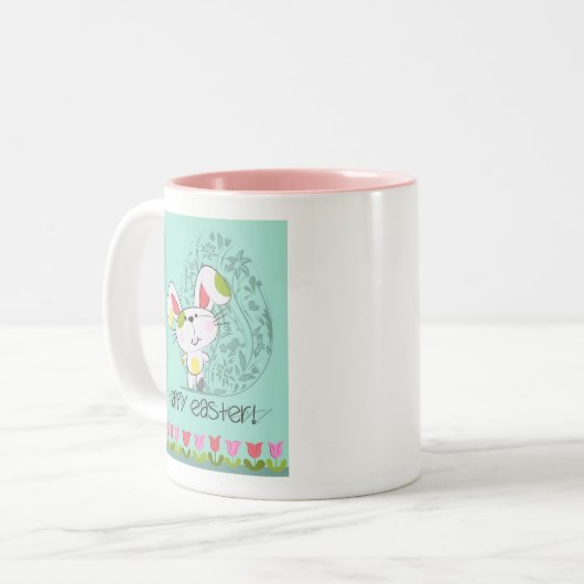かわいいブルーハッピーイースター漫画バニー ツートーンマグカップ (正面左)