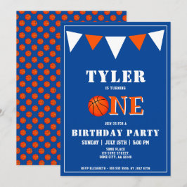 かわいいブルーバスケットボール1回目の誕生日 招待状