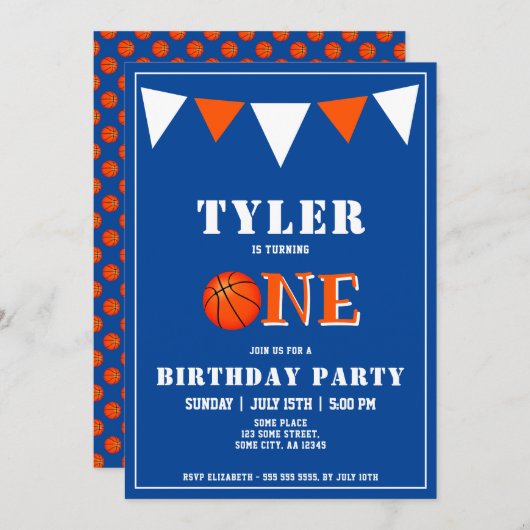 かわいいブルーバスケットボール1回目の誕生日 招待状 (正面/裏面)