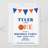 かわいいブルーバスケットボール1st誕生日パーティー 招待状 (正面)