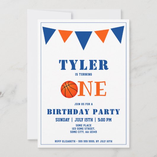 かわいいブルーバスケットボール1st誕生日パーティー 招待状 (正面)