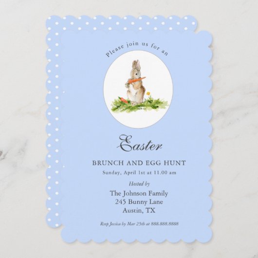かわいいブルーバニーイースターブランチ&エッグ狩り シーズンカード (正面/裏面)