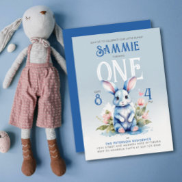 かわいいブルーバニーフローラ誕生日パーティーウォーターカラー 招待状