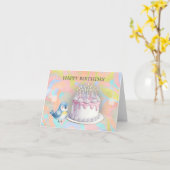 かわいいブルーバードケーキ明るいハッピーバースデー カード (黄色い花)