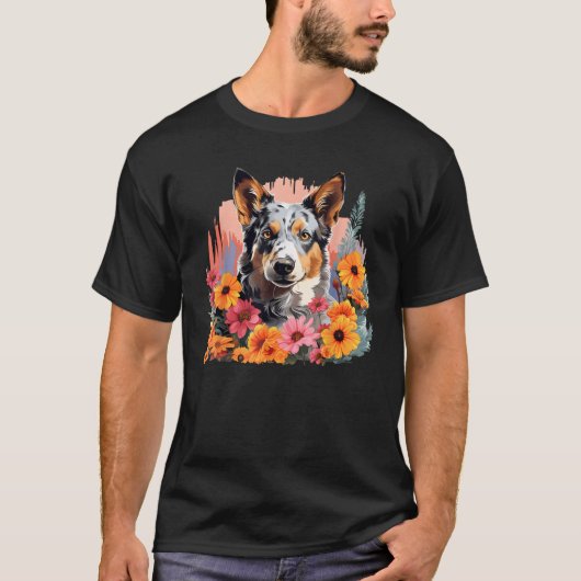 かわいいブルーヒーラー 春の花 庭 オーストラリアン Tシャツ (正面)