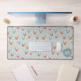 かわいいブルーファームチキンモノグラム デスクマット