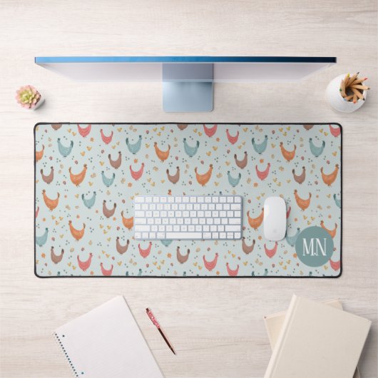 かわいいブルーファームチキンモノグラム デスクマット (オフィス1)