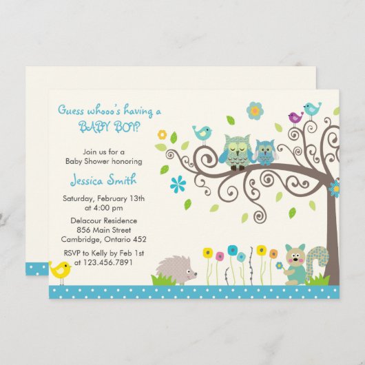 かわいいブルーフクロウボーイベビーシャワー招待状 招待状 (正面/裏面)