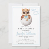 かわいいブルーフクロウ孵化男の赤ちゃんシャワー招待状 招待状 (正面)
