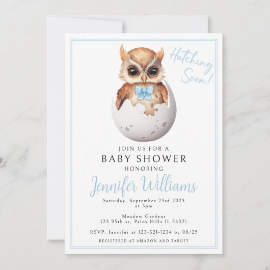 かわいいブルーフクロウ孵化男の赤ちゃんシャワー招待状 招待状 (正面)