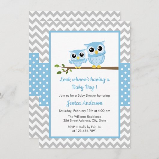 かわいいブルーフクログレイChevron男の子ベイビーシャワー 招待状 (正面/裏面)
