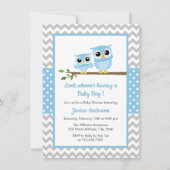 かわいいブルーフクログレイChevron男の子ベイビーシャワー 招待状 (正面)