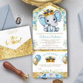 かわいいブルーフローラプリンスゾウ赤ちゃんシャワー オールインワン招待状