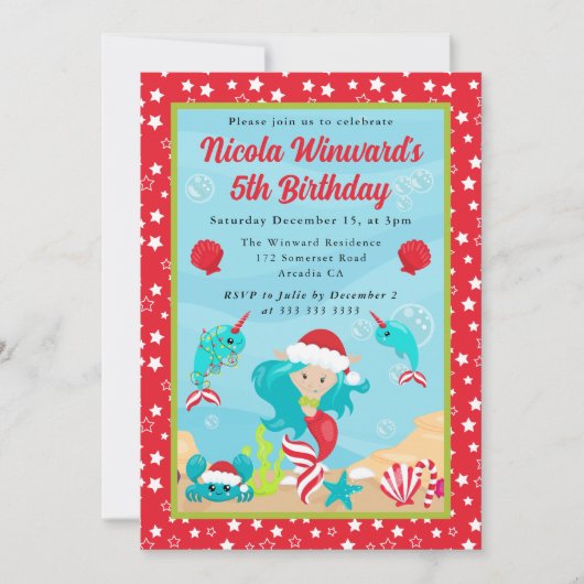 かわいいブルーヘアクリスマスマーメイド子供の誕生日 招待状 (正面)