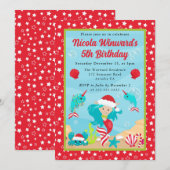 かわいいブルーヘアクリスマスマーメイド子供の誕生日 招待状 (正面/裏面)