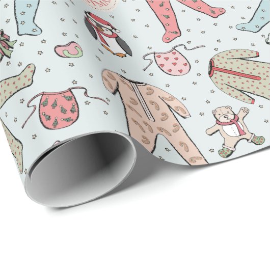 かわいいブルーベビーの初めてのクリスマスウィンターパジャマ ラッピングペーパー (ロールコーナー)