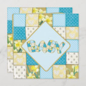 かわいいブルーベビーキルトベイビーシャワー招待 招待状 (正面/裏面)