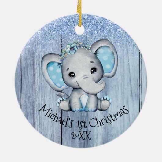 かわいいブルーベビーゾウ1stクリスマス セラミックオーナメント (裏面)