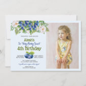 かわいいブルーベリーのテーマの女の子の誕生日 招待状 (正面)