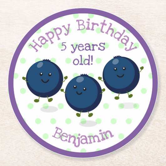 かわいいブルーベリーの友人の漫画のイラストレーション ラウンドペーパーコースター (正面)