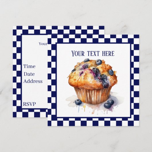 かわいいブルーベリーマフィンパーティー 招待状 (正面/裏面)