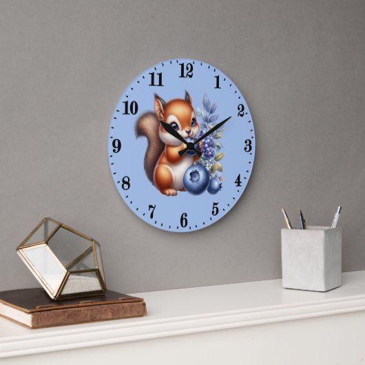 かわいいブルーベリー愛好家リス時計 ラージ壁時計 (オフィス)
